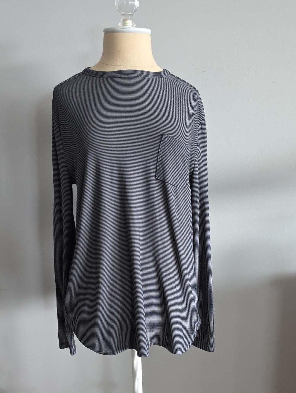 Alexander Wang Long-Sleeve Crewneck Pocket Shirt - Black/Grey Striped